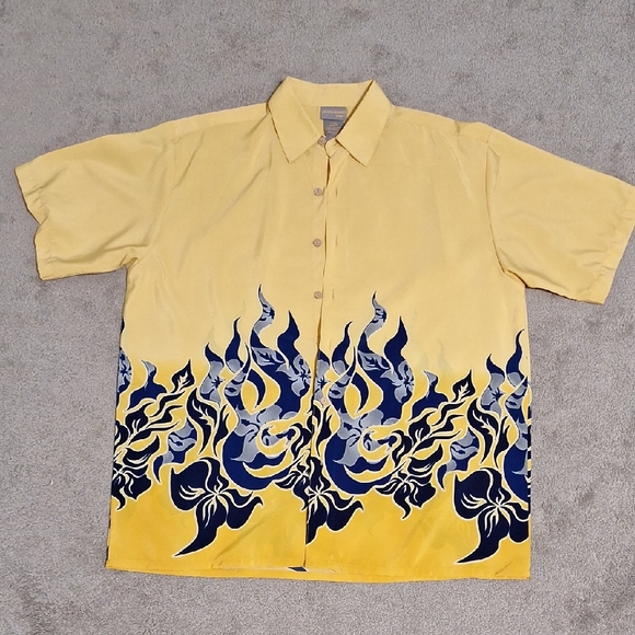Casual Yellow and Blue Flame Button Down Shirt - Picture 1 of 3